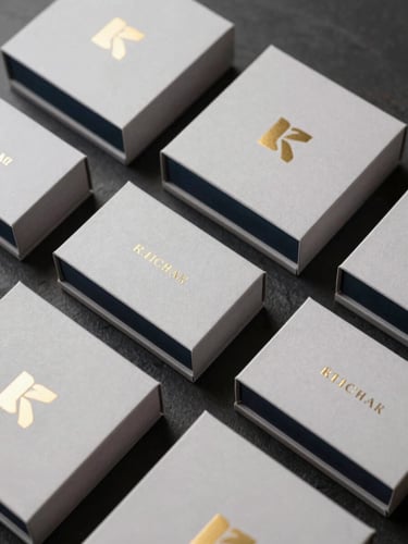 Elegant, structured corporate gift boxes with minimalist gold foil branding, arranged precisely on a dark slate surface