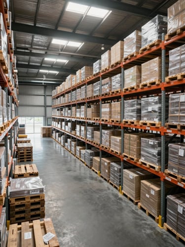 Wide-angle view of an organized, modern industrial warehouse with high shelving, structured cargo pallets ready for distribution, bright daylight streaming through skylights