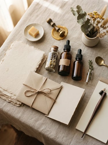 Overhead flat-lay of unbleached paper stationery and amber glass bottles on a soft linen tablecloth, warm morning window light, shallow depth of field