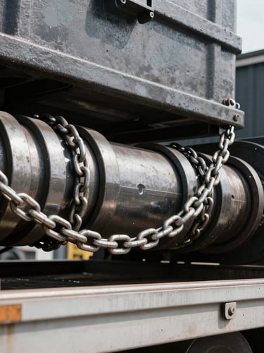 Close-up of heavy industrial tension chains and steel binders securing massive machinery on a lowboy trailer, harsh daylight, sharp metallic details