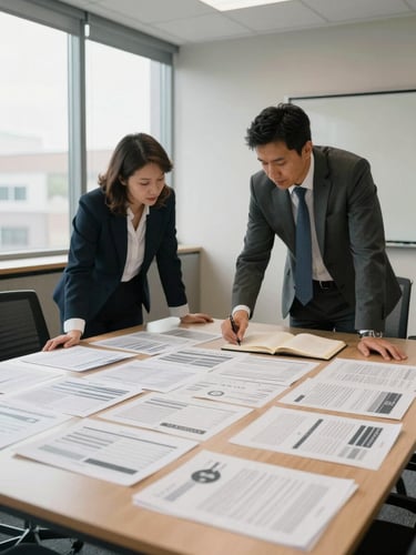 Wide environmental shot of a corporate meeting room mid-session, two professionals leaning over a table covered with printed reports and open notebooks, natural daylight from a large window illuminating the documents, shot from a slight angle showing depth of room, no posed expressions