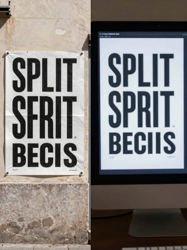 Split-frame documentation of a single campaign: left half shows the printed poster installed on a street wall in daylight, right half shows the same typographic system live on a desktop monitor — both captured in one wide photograph, natural light on the left, screen glow on the right, no people, sharp focus on the design across both surfaces