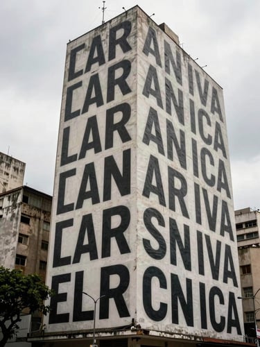 Wide architectural wall in an urban Brazilian setting, a large-scale typographic campaign printed directly onto the facade, shot from street level with natural overcast daylight, the letterforms filling the right two-thirds of the frame, building context visible to the left