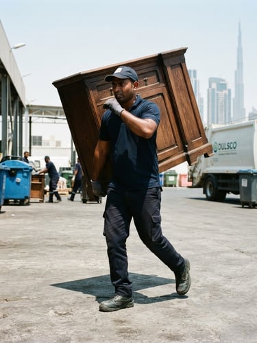 A professional Dubai rubbish removal crew member in a clean uniform carrying a heavy wooden cabinet, bright midday sunlight, sharp focus, high-contrast clean industrial tones.