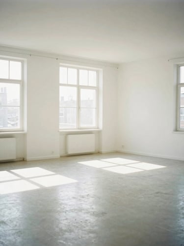 A clean, spacious apartment living room completely cleared of clutter, bright natural light streaming through large windows, spotless floors, 35mm photography.