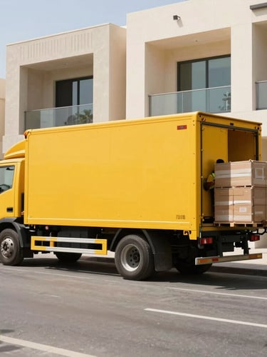 A clean yellow transport truck parked outside a modern Dubai villa, professional crew members in uniform loading bulky items in bright midday sunlight.