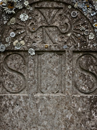 Macro close-up of ancient, weathered headstone with deep-cut serif lettering, lichen-covered stone texture, damp overcast light.