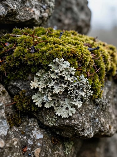Macro close-up of green moss and weathered lichen growing on ancient stone masonry, damp overcast daylight.