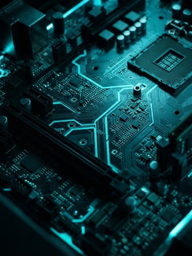Macro photography of glowing cyber-teal circuit traces on a dark metallic motherboard, dramatic electric blue rim lighting, high-contrast cybernetic mood