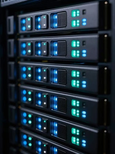 Extreme close-up of server rack nodes with blinking neon blue and teal LED indicators, low-key dramatic studio lighting, dark metallic surfaces