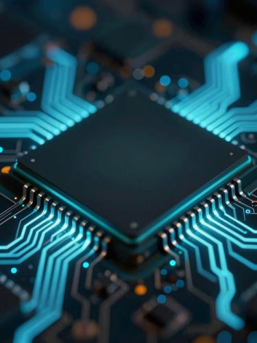 Macro close-up of a glowing silicon microchip, electric blue and cyber teal light paths radiating across dark metallic traces, shallow depth of field