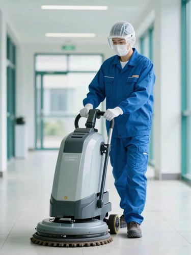 Professional industrial cleaning technician in protective uniform operating an advanced floor scrubbing machine in a bright, modern corporate corridor, sterile teal tones, sharp focus