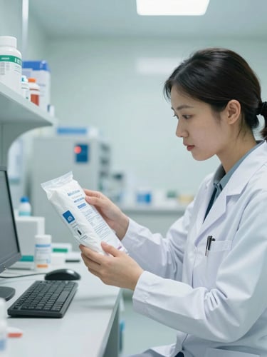 Crisp clinical environment, a professional pharmacist inspecting a sealed medical package in a bright, modern sterile supply room, daylight, 35mm