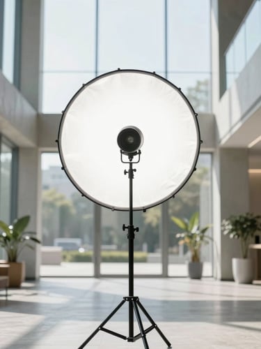 Symmetrical composition of a professional photographer adjusting a large studio strobe on a heavy-duty C-stand inside a modern concrete and glass building lobby, sharp focus, bright natural daylight fill.