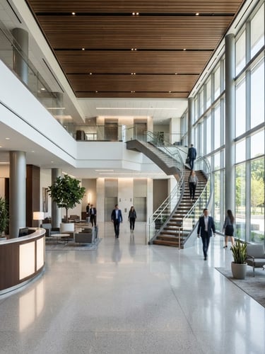 Wide shot of a modern corporate lobby with clean lines and natural light, sharp 35mm lens, high-contrast tones, crisp architectural photography