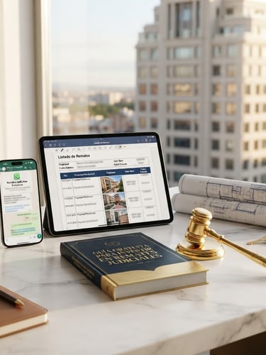 Una escena hiperrealista y elegante sobre un escritorio de mármol blanco: un iPhone mostrando el Canal de WhatsApp, un iPad abierto con un listado PDF de remates, una guía premium titulada 'Guía Gratuita para Invertir en Remates Judiciales', un martillo de remates dorado, planos arquitectónicos, llaves doradas, y un edificio moderno de lujo desenfocado al fondo. Todo con iluminación cinematográfica, tonos cálidos y dorados, profundidad de campo baja.