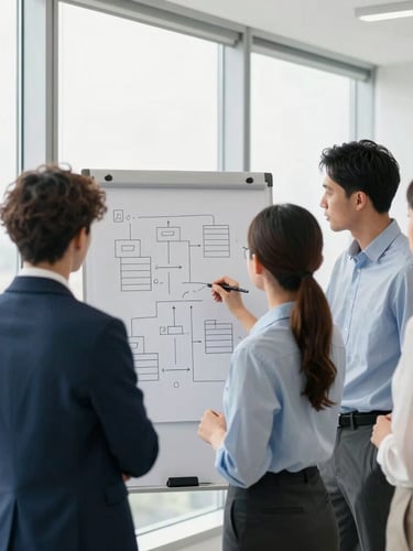 editorial corporate photography, bright natural window light, a diverse group of professional leaders collaborating around a whiteboard with structured diagrams, sharp focus, 35mm