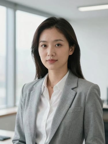 A sharp, direct portrait of a professional leader looking slightly off-camera in a bright, modern office with natural window light.