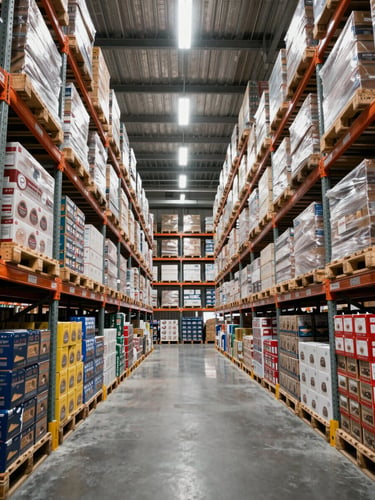 Wide panoramic view inside a large fulfillment warehouse, towering shelving units loaded with palletized branded product running to the far wall, cool even overhead industrial lighting, shot from ground level looking down a long center aisle toward the far end, no people