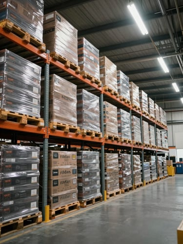 Wide environmental shot inside a large fulfillment warehouse, rows of branded pallets stacked on metal shelving under cool fluorescent work light, no people, overhead logistics planning perspective, operational and systematic