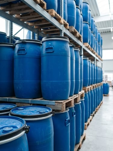 Industrial product photography, bright clean daylight, close-up of blue sealed chemical drums stacked in a modern warehouse, sharp focus, 50mm lens