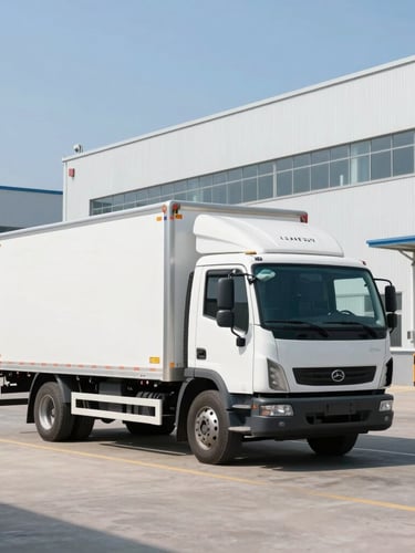 A white bulk delivery truck parked outside a modern chemical distribution facility under bright daylight, clean industrial setting, sharp focus.