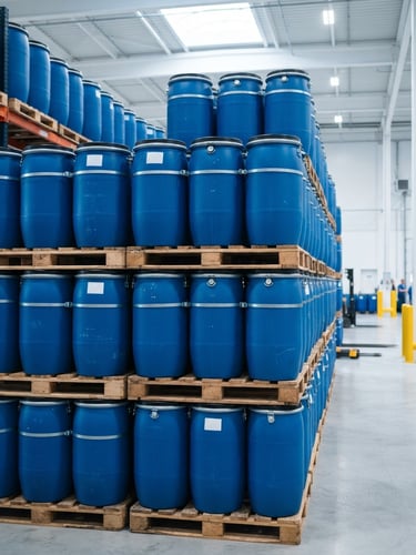 Sealed blue industrial chemical drums stacked in a bright, clean warehouse, sharp focus, technical product photography