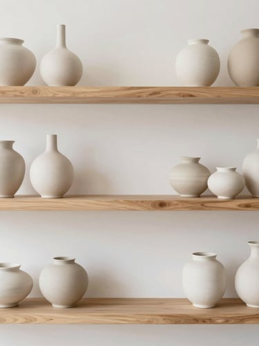 Minimalist boutique interior with curated ceramic vases on oak shelves, bright diffused natural daylight, soft neutral tones, clean composition