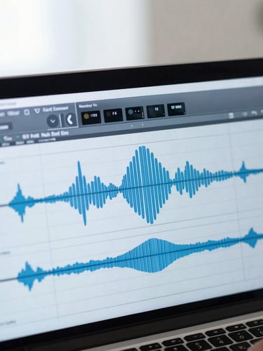 Tight macro shot of audio waveforms on a modern editing screen, soft blue daylight, sharp focus, 50mm lens