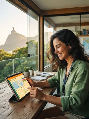 Um operador de turismo sorrindo enquanto usa um tablet para gerenciar reservas, em um escritório moderno com vista para uma paisagem natural brasileira, em um dia ensolarado, com luz dourada natural, wide-angle architectural lens, 35mm.