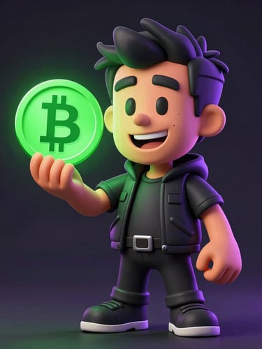 Thick black outline vector cartoon of a gritty, smiling guy named Christian holding a glowing neon-green crypto coin, flat cell-shading, electric purple highlights, dark background.