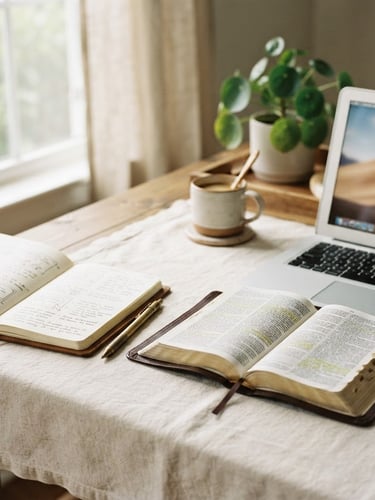 A quiet morning workspace with an open journal, a laptop next to a Bible on a cream tablecloth, soft morning window light, warm editorial style