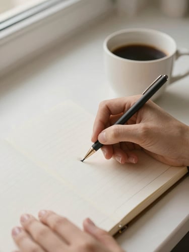 Close-up of hands writing in a paper planner next to a warm cup of coffee, soft diffused morning light, muted champagne and sage tones