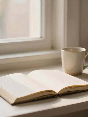A quiet morning workspace with an open journal, a ceramic mug, soft diffused morning light through a window, warm cream tones, shallow depth of field.