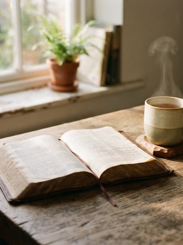 An open leather-bound Bible on a rustic wooden table next to a steaming ceramic mug, warm morning sunlight streaming through a window casting soft shadows, shallow depth of field, warm editorial photography style.