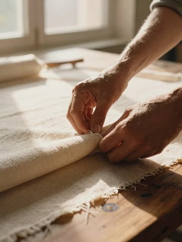 Hands of a craftsman arranging linen fabrics on a rustic wooden table, soft window light highlighting the weave, cinematic 35mm film