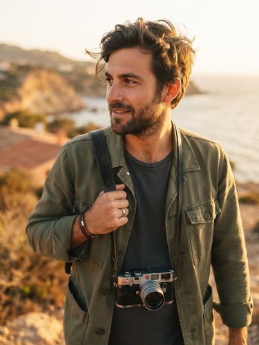 Un primer plano honesto de un fotógrafo con una cámara de película colgada al hombro, luz cálida de atardecer entrando de lado, grano fino, estilo cinematográfico.