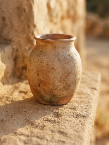 Close-up of a raw ceramic vase on a sandy stone ledge, warm golden-hour sunlight casting long soft shadows, cinematic 35mm film style