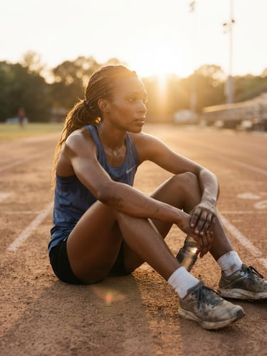 Cinematic portrait of an athlete resting on a dusty outdoor track, warm golden-hour sunlight casting long shadows, authentic lens flare, 35mm film style.