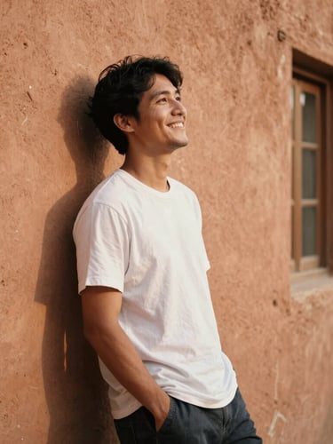 Retrato de medio cuerpo del fotógrafo sonriendo de medio lado, apoyado en una pared rústica de terracota, luz natural suave de ventana, sombras sutiles, grano cinematográfico.