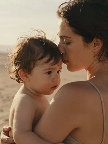 Intimate portrait of a mother holding her toddler close, soft window light illuminating their faces, warm sand tones, emotional, authentic, shallow depth of field.