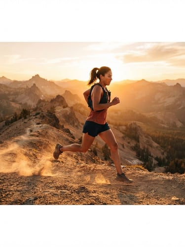 Cinematic action shot of a trail runner mid-stride on a dusty mountain ridge at golden hour, backlit by warm sun, kick of dust, shallow depth of field