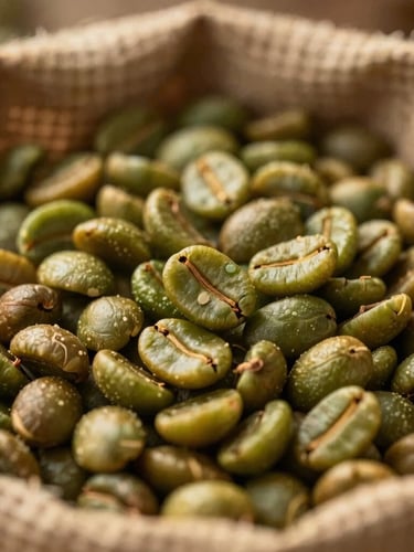 Macro shot of green coffee beans in a jute sack, warm golden-hour lighting, shallow depth of field, premium agricultural provenance