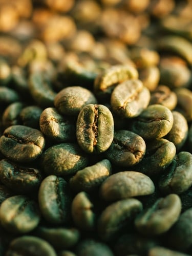 Macro close-up of raw green coffee beans, golden-hour dramatic lighting, shallow depth of field, rich emerald and gold tones, 35mm