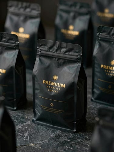 Premium matte black coffee bags with elegant gold foil branding, arranged on a dark stone surface, soft moody lighting, 35mm