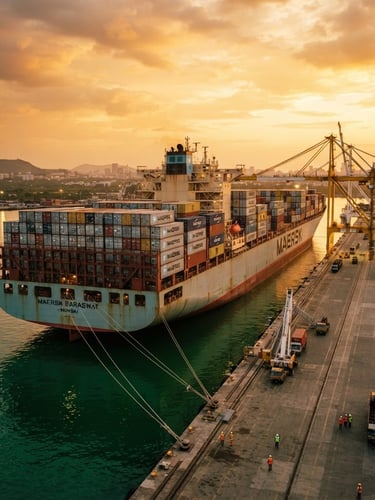 Cinematic wide-angle shot of a massive container vessel docked at a deep-water Indian port during golden hour, rich emerald water reflection, warm gold sky, 35mm photography.