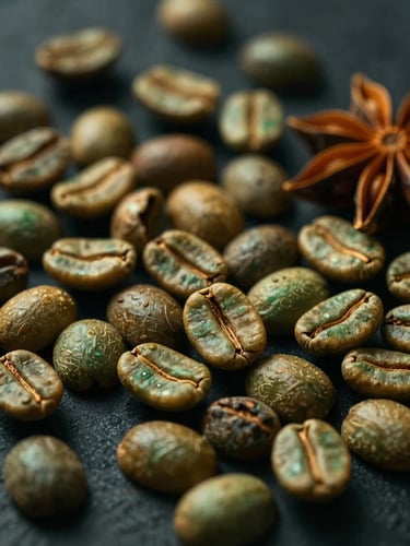 Macro-focused editorial shot of raw green coffee beans and whole golden spices resting on a dark textured surface, dramatic low-key lighting, shallow depth of field, 35mm.