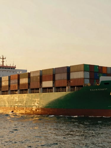 Wide cinematic view of a massive container ship departing an Indian deep-water port at golden hour, amber light reflecting off the ocean, towering cranes in the background, 35mm photography.