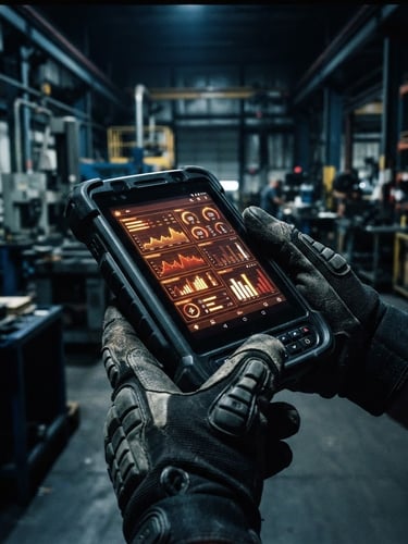 Macro shot of a rugged Android handheld device screen displaying a high-contrast telemetry interface, hands in heavy-duty industrial gloves holding the device, dark warehouse background with cool metallic tones and warm screen glow, 35mm