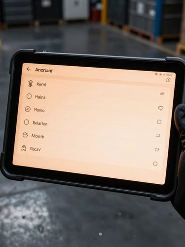 Macro shot of a rugged Android tablet screen showing a clean telemetry interface, held by a gloved hand on a dark, high-contrast warehouse floor with cool metallic tones and warm orange screen glow, 35mm.